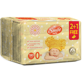 Влажные салфетки  Smile Baby для новорожденных с экстрактами ромашки и алоэ. Мультипак 2+1 180шт